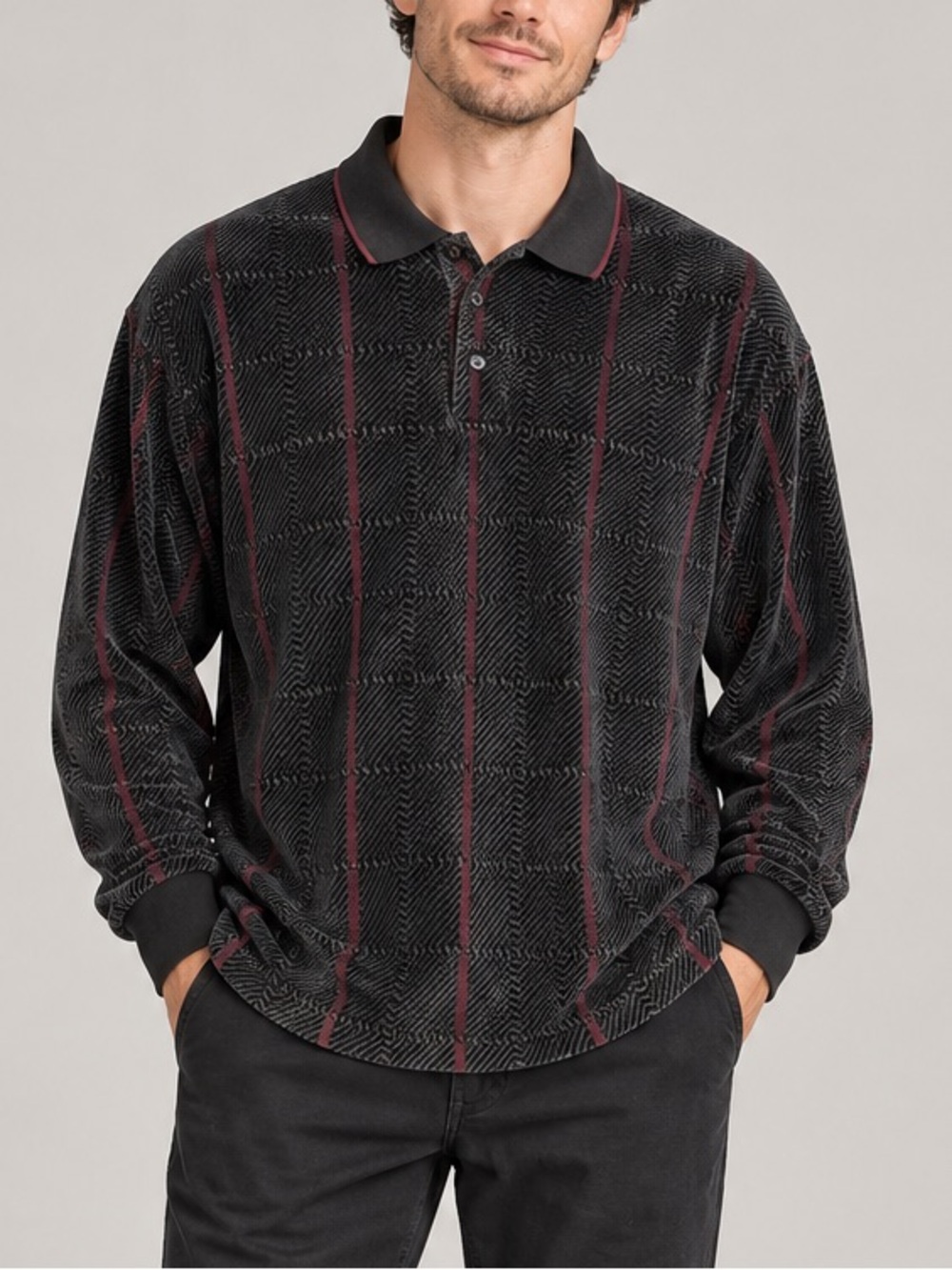 Vintage Imprints Men’s Large Velour Long Sleeve Polo Black Burgundy Plaid 90s